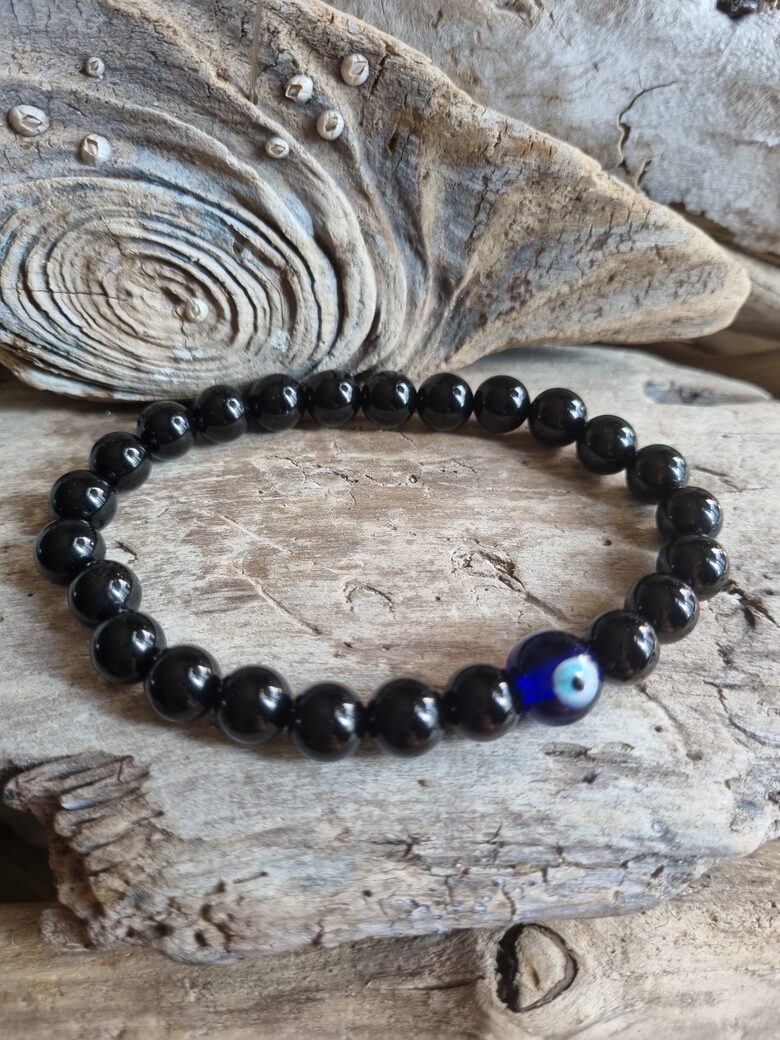 Obsidiāna rokassprādze ar aizsargaci Izmērs 20 cm Bumbiņa 8 mm