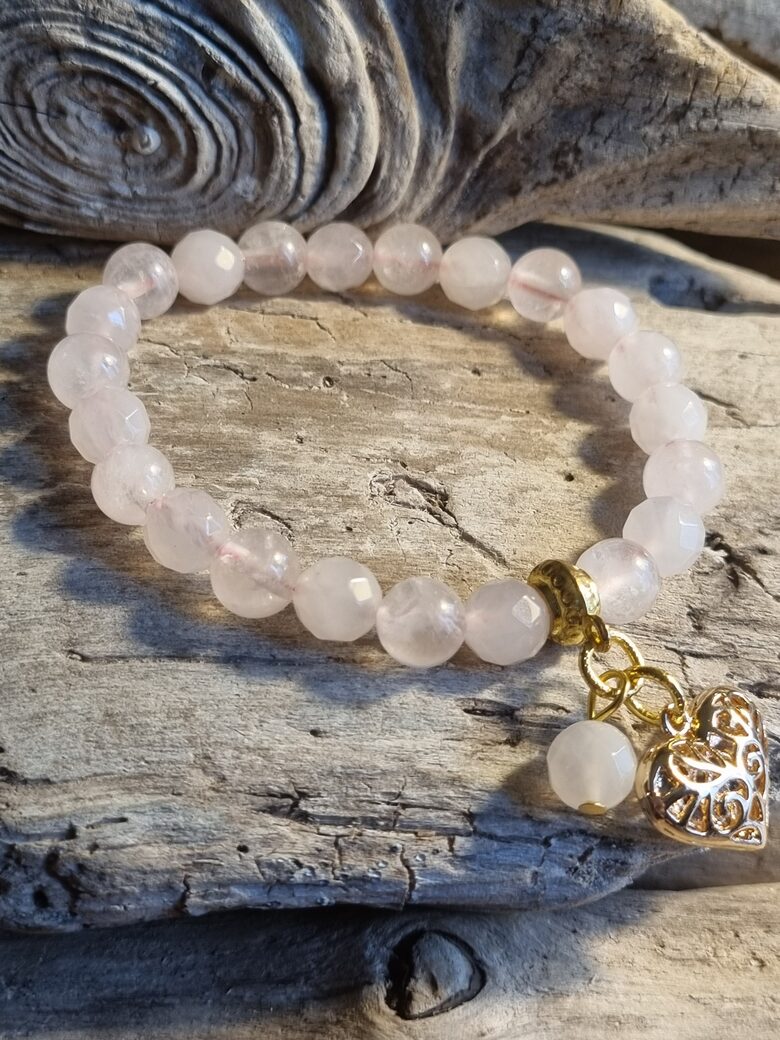 Rozā kvarca rokassprādze "Manai mīļajai" Izmērs 17.5 cm Bumbiņa 8 mm Zelta krāsa