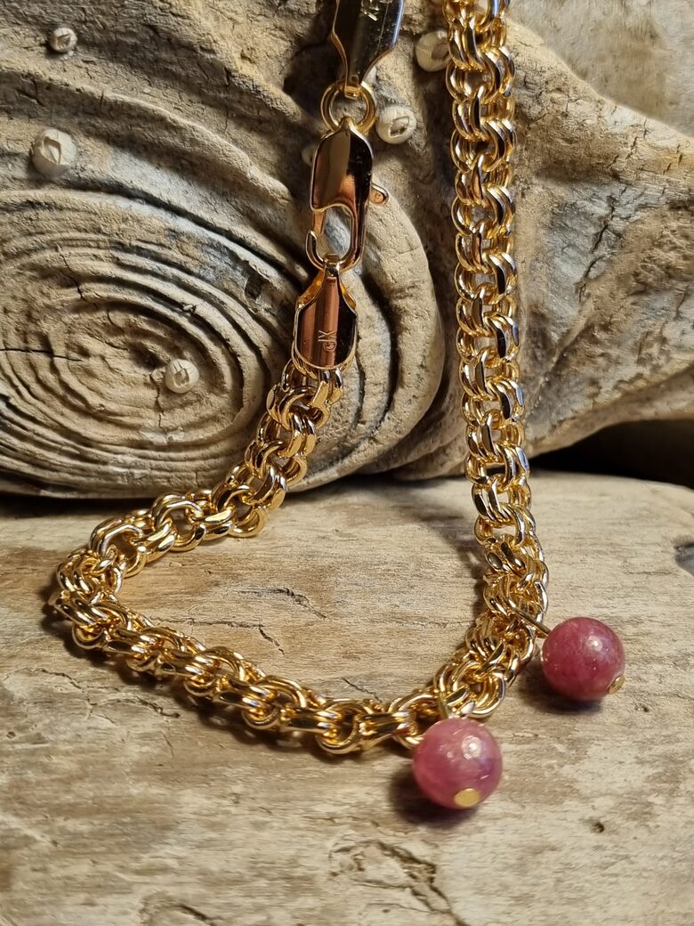 Rubīna bumbiņas aprocē Bumbiņa 6 mm Zelta krāsas ķēde Garums 19.5 cm