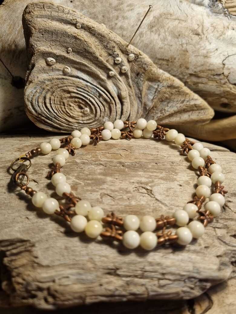 Dzeltena kalcīta krelles "Mana spāre" Garums 48 cm Bumbiņa 6 mm Vara detaļas