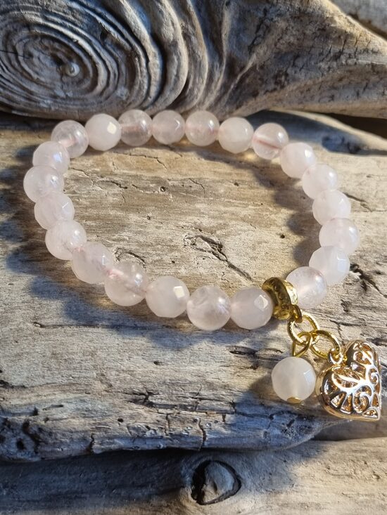 Rozā kvarca rokassprādze "Manai mīļajai" Izmērs 17.5 cm Bumbiņa 8 mm Zelta krāsa