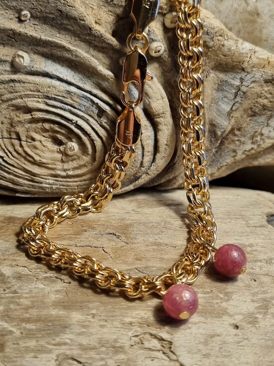 Rubīna bumbiņas aprocē Bumbiņa 6 mm Zelta krāsas ķēde Garums 19.5 cm