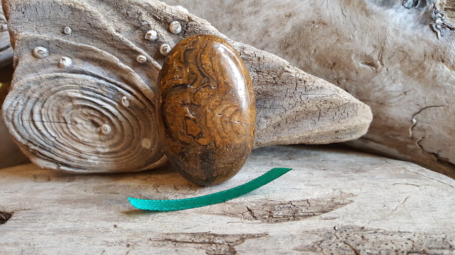 Stromatolīta kulons "Jaudīgais" nr 1. Izmērs 4.5 x 3 cm Zaļa bantīte Ar dabīgām švīkām un iedobumiem