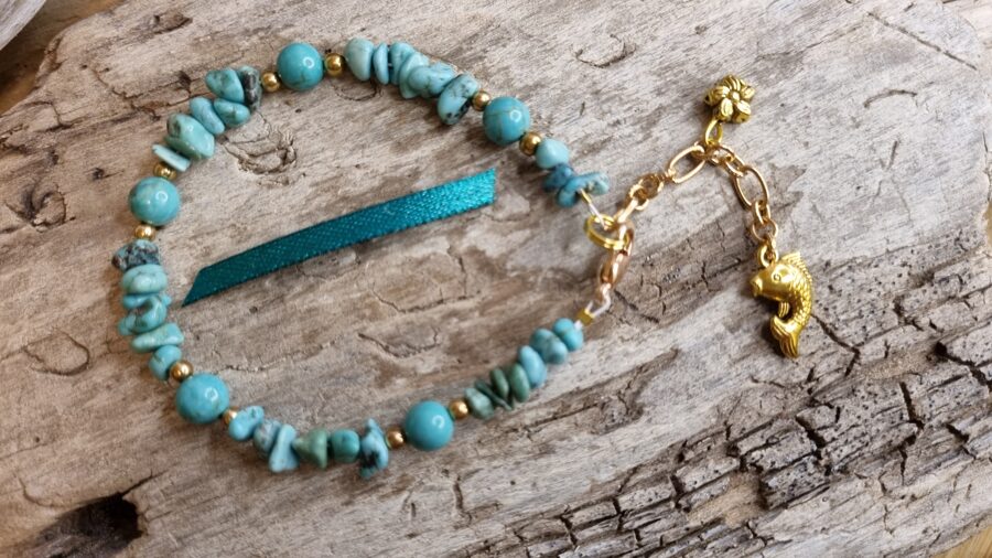 Tirkīza rokassprādze "Zelta zivtiņa" Garums 17.5cm + ķēdīte pagarinājumam Zelta krāsas metāls Zaļa bantīte