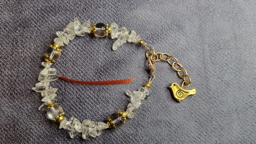 Kalnu kristāla rokassprādze "Mīļais putniņš" Izmērs 18 cm+ķēdīte Zelta krāsā Oranža bantīte