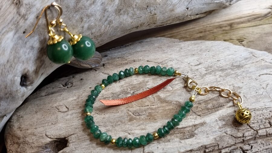 Avanturīna komplekts "Harmonizējošs" nr 2. Rokassprādze 17 cm = ķēdīte Auskari 12 mm bumbiņa Zelta krāsā Oranža bantīte