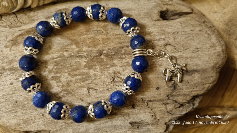 Lazurīta rokassprādze "Mīļais zirdziņš" Izmērs 19 cm 10 mm bumbiņas Sudraba krāsas metāls