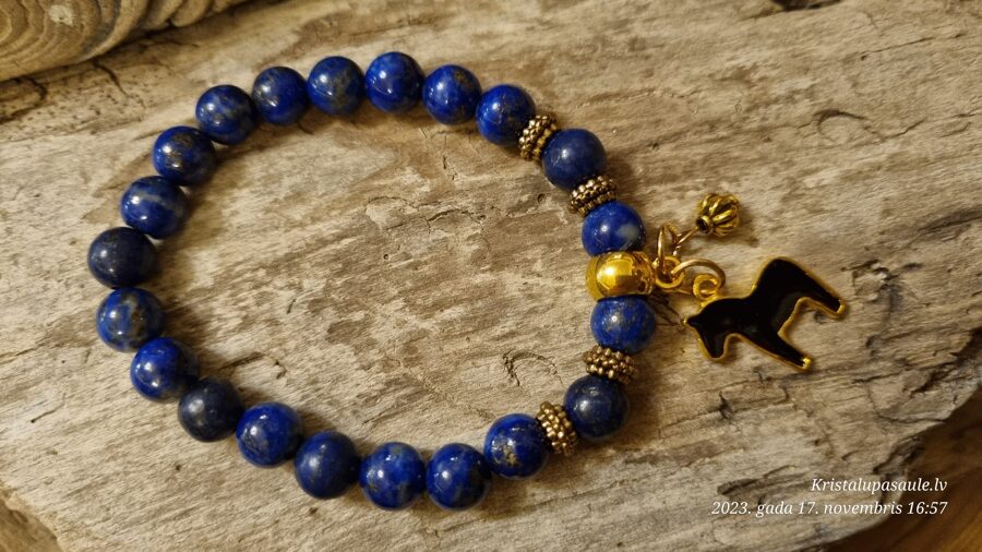 Lazurīta rokassprādze "Zirdziņš ar bumbiņu" Izmērs 17.5 cm 8 mm bumbiņas Zelta krāsas metāls