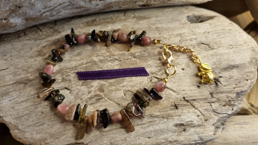 Multiturmalīna rokassprādze "Zelta zilonis" Izmērs 21 cm Lillā bantīte Zelta krāsa